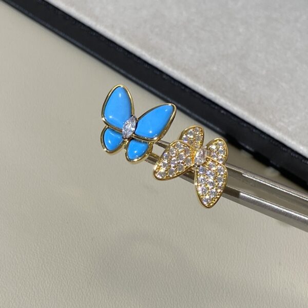 Double Butterfly Green Turquoise Set with Diamonds Ring