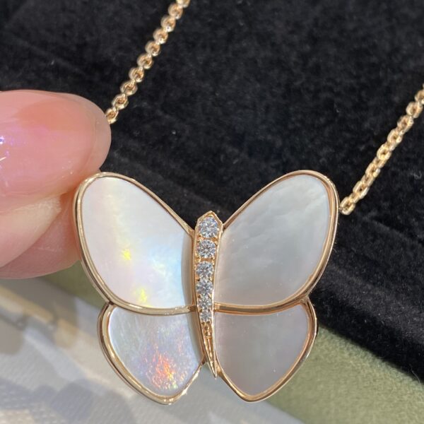Large butterfly diamond-encrusted mother-of-pearl necklace