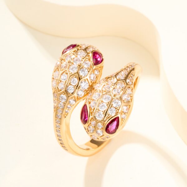 Double Snake Head Set of Diamond-Studded Red-Eyed Rings