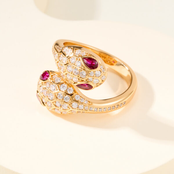 Double Snake Head Set of Diamond-Studded Red-Eyed Rings